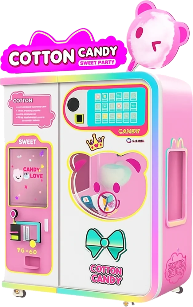 The pink LED cotton candy machine with its bear topper and touchscreen
